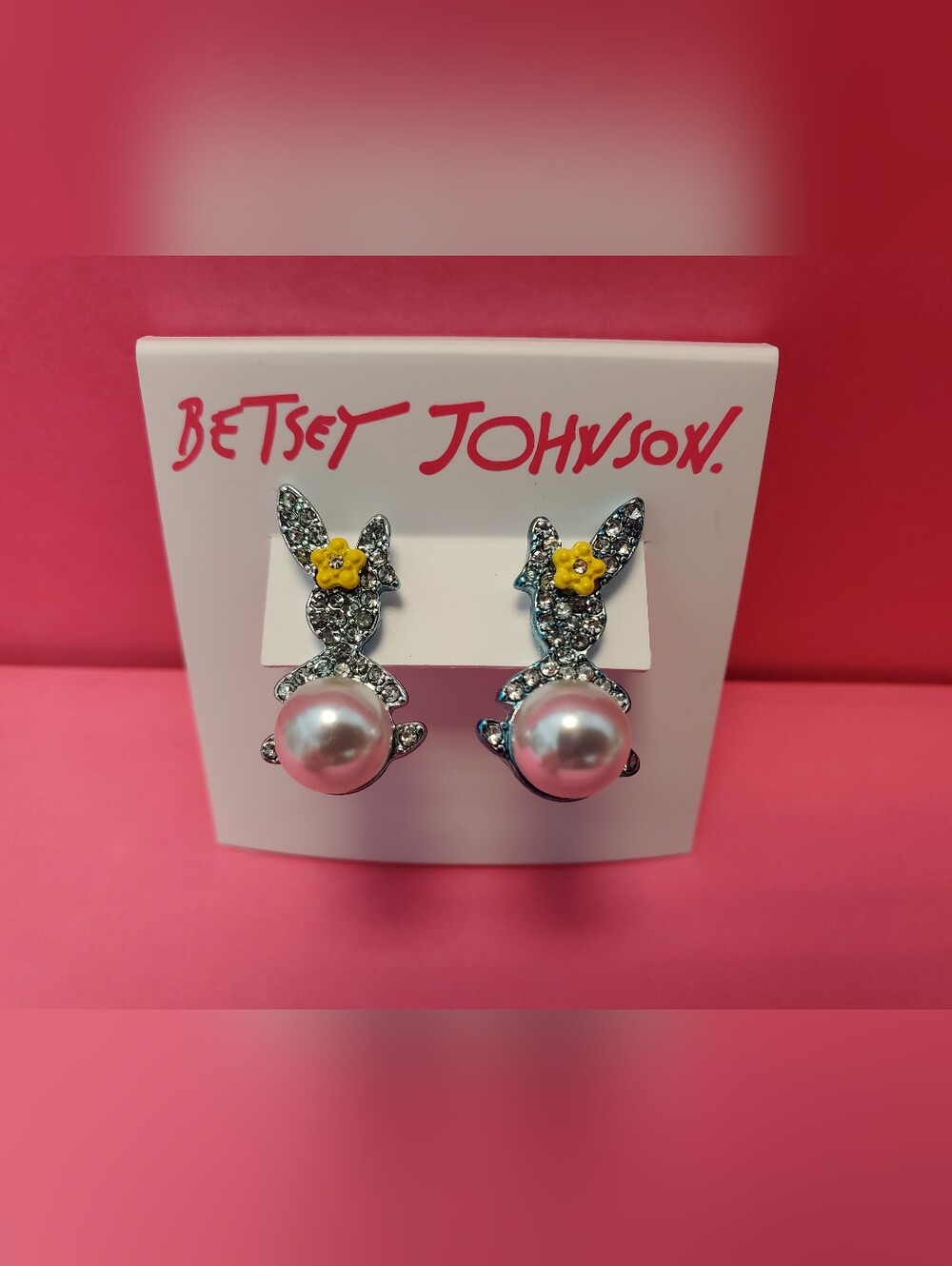 Betsey Johnson Silver Bunny Pearl Earrings with Yellow Flower Accent
